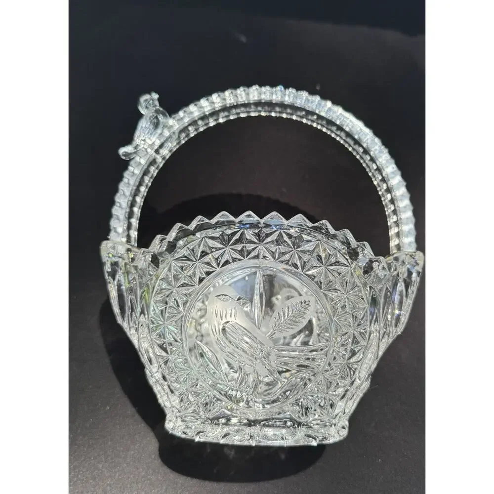 Hofbauer Byrdes Lead Crystal Basket Bird Handle Etched German Glass 6